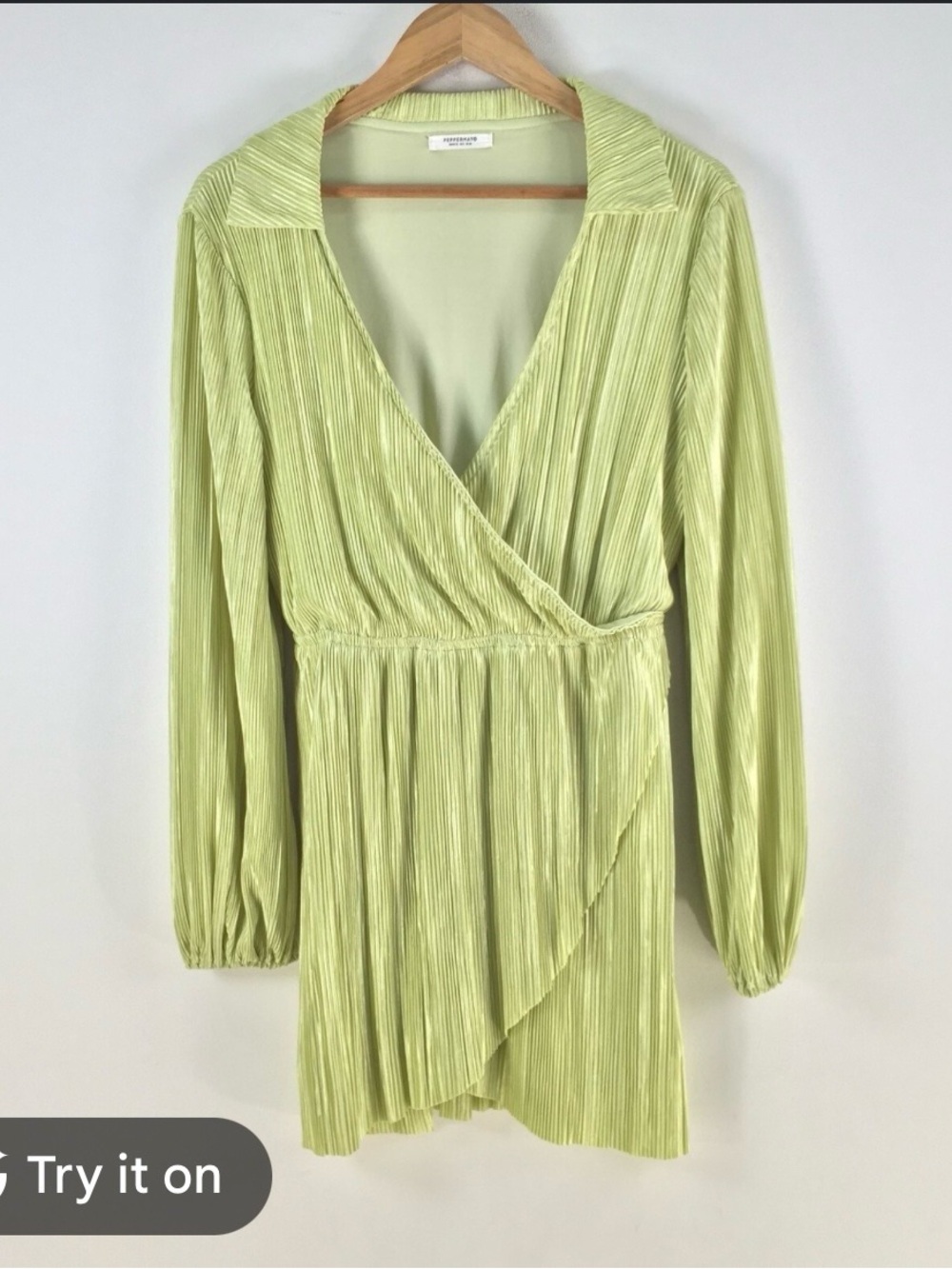 Peppermayo Light Lime Pleated Wrap-Front Long Sleeve Dress